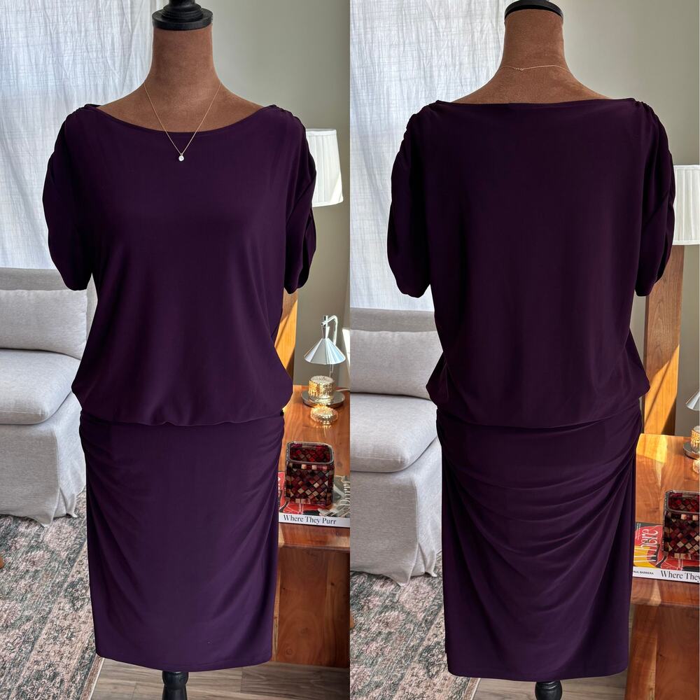 LAUREN Ralph Lauren Purple Jersey Blouson Dress Boat Neck Ruched Sheath Size‎ 6